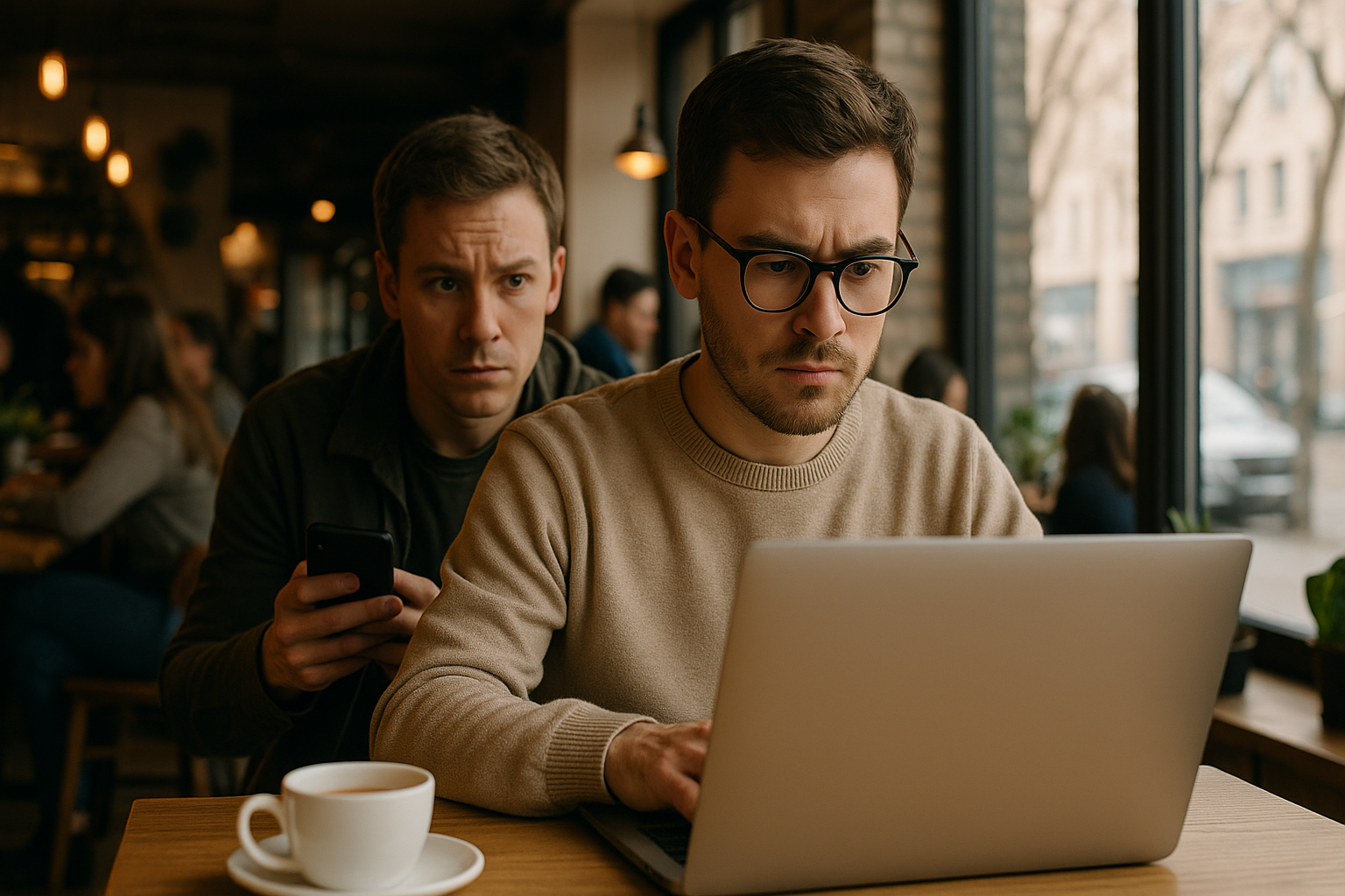 Person glancing at someone’s laptop in a café.