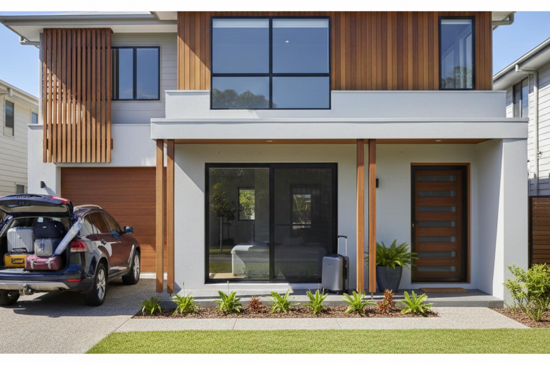 Modern Brisbane home with security screens on the front door and sliding door, with subtle holiday cues like a packed car in the driveway.