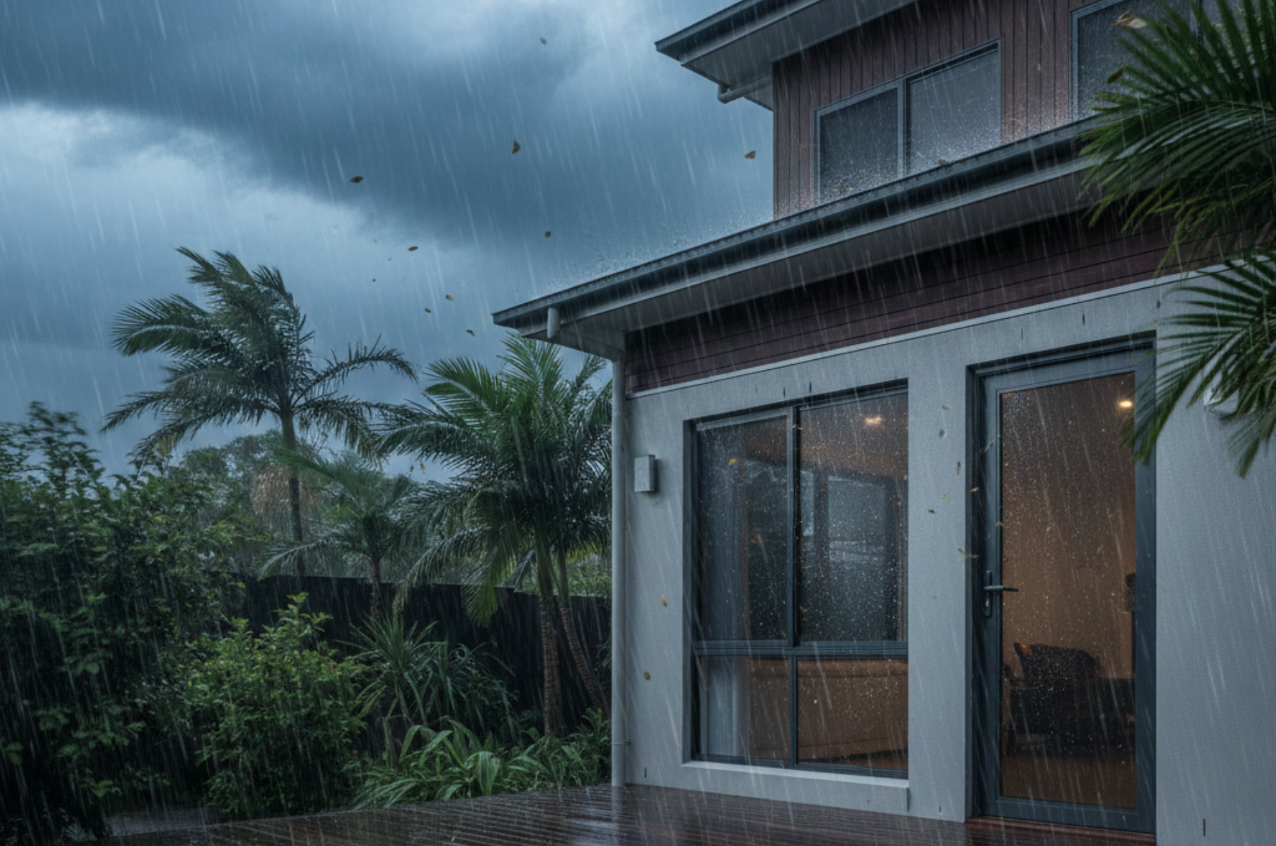 Modern two-story house with large windows and a wooden deck during a heavy rainstorm, palm trees bending under dark, stormy skies.