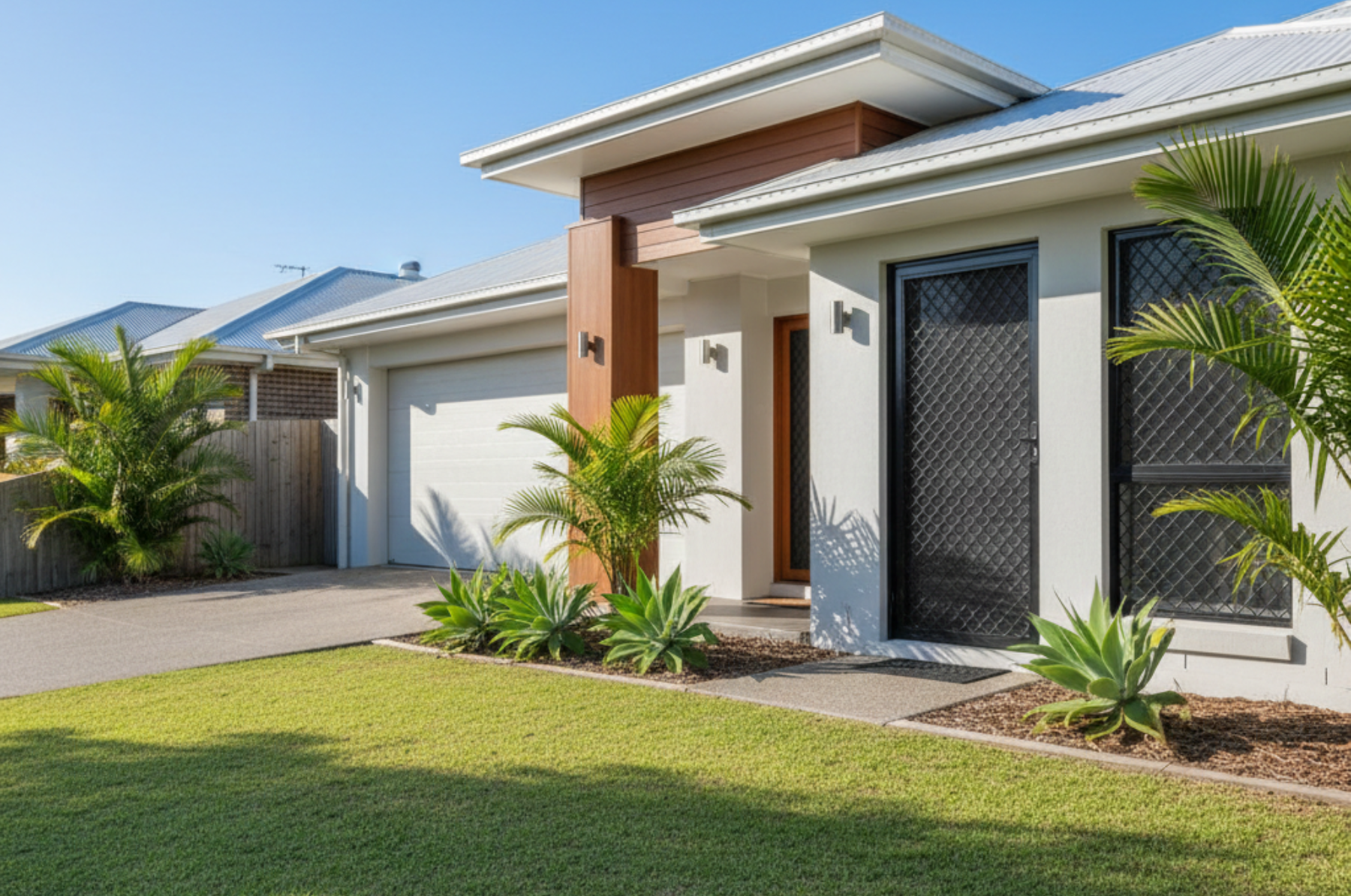Modern single-story house with a garage, light exterior walls, landscaped front yard, and palm plants under a clear blue sky.