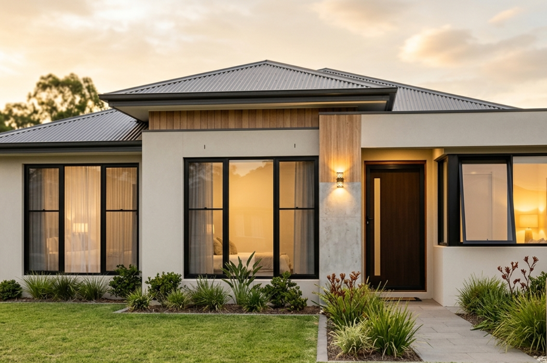 Modern single-story home with large windows, landscaped front yard, and warm exterior lighting at sunset.