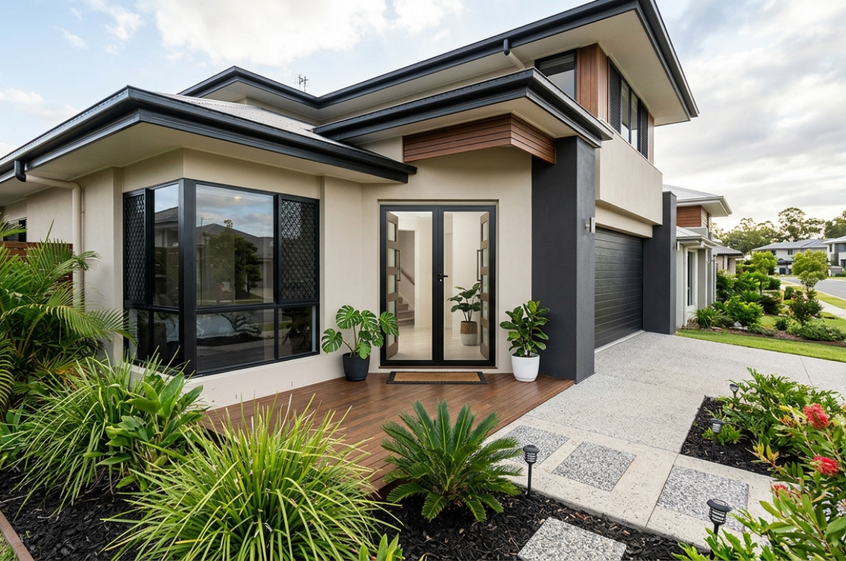 Modern two-story home with landscaped front yard, timber accents, and a double garage.