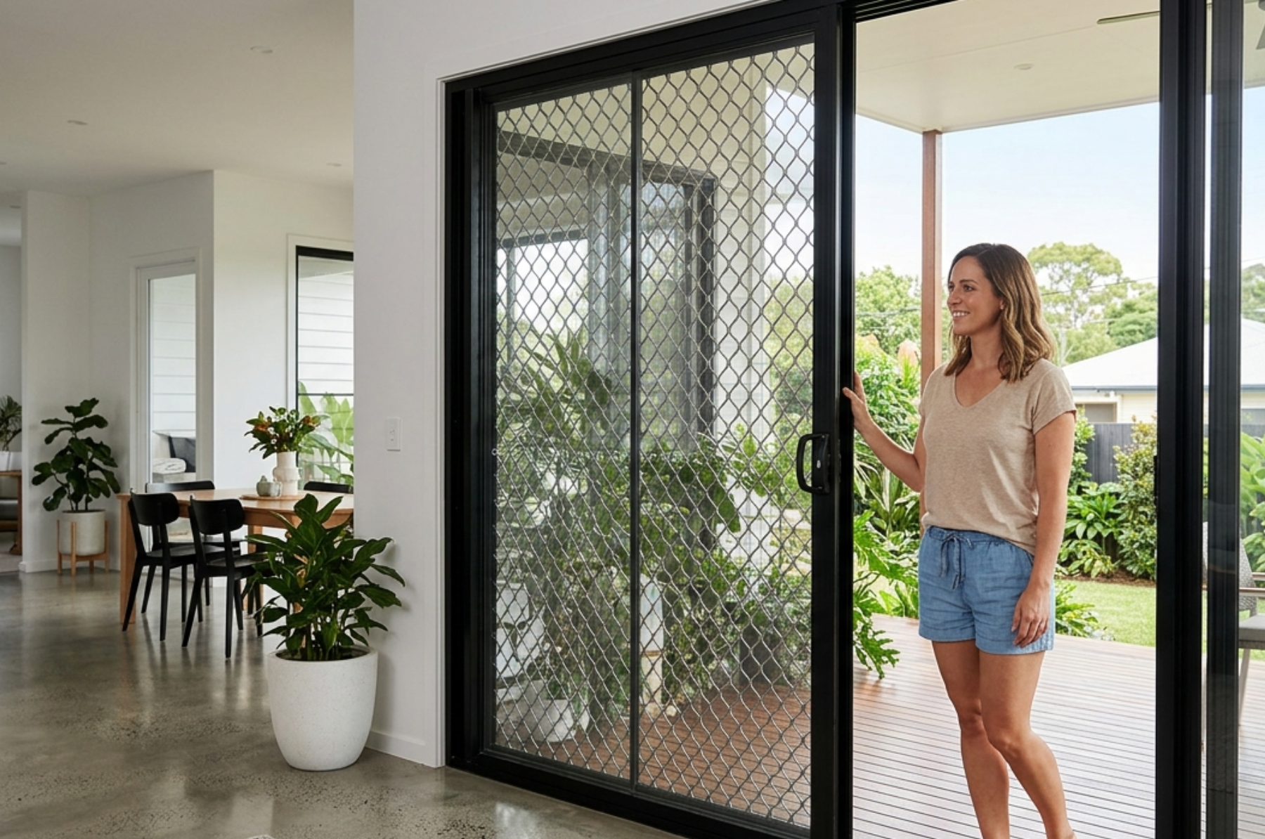A bright, modern Brisbane home with large sliding glass doors leading to a leafy garden patio. A smiling woman stands by the open doorway, which is fitted with a clean, dark-framed stainless steel security screen, showing it allowing in airflow and light while protecting the space.